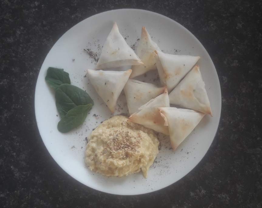 vegetarian samosa, healthy snack, hummus, foodie